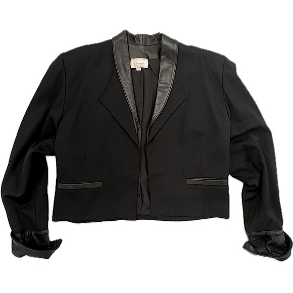 Vintage Leanto 80s Crop Blazer Tuxedo Jacket Black with Leather Detail size 5/6 - Picture 2 of 15